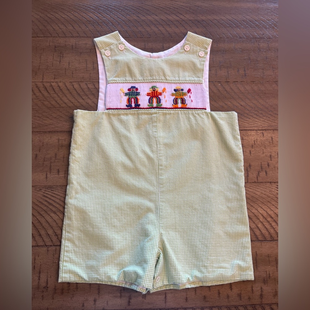 Thanksgiving Light Green Kids Smocked Overalls with Embroidery